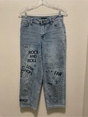 CHARLIE B Light Blue Denim Cropped Jeans with Black Graphic Prints